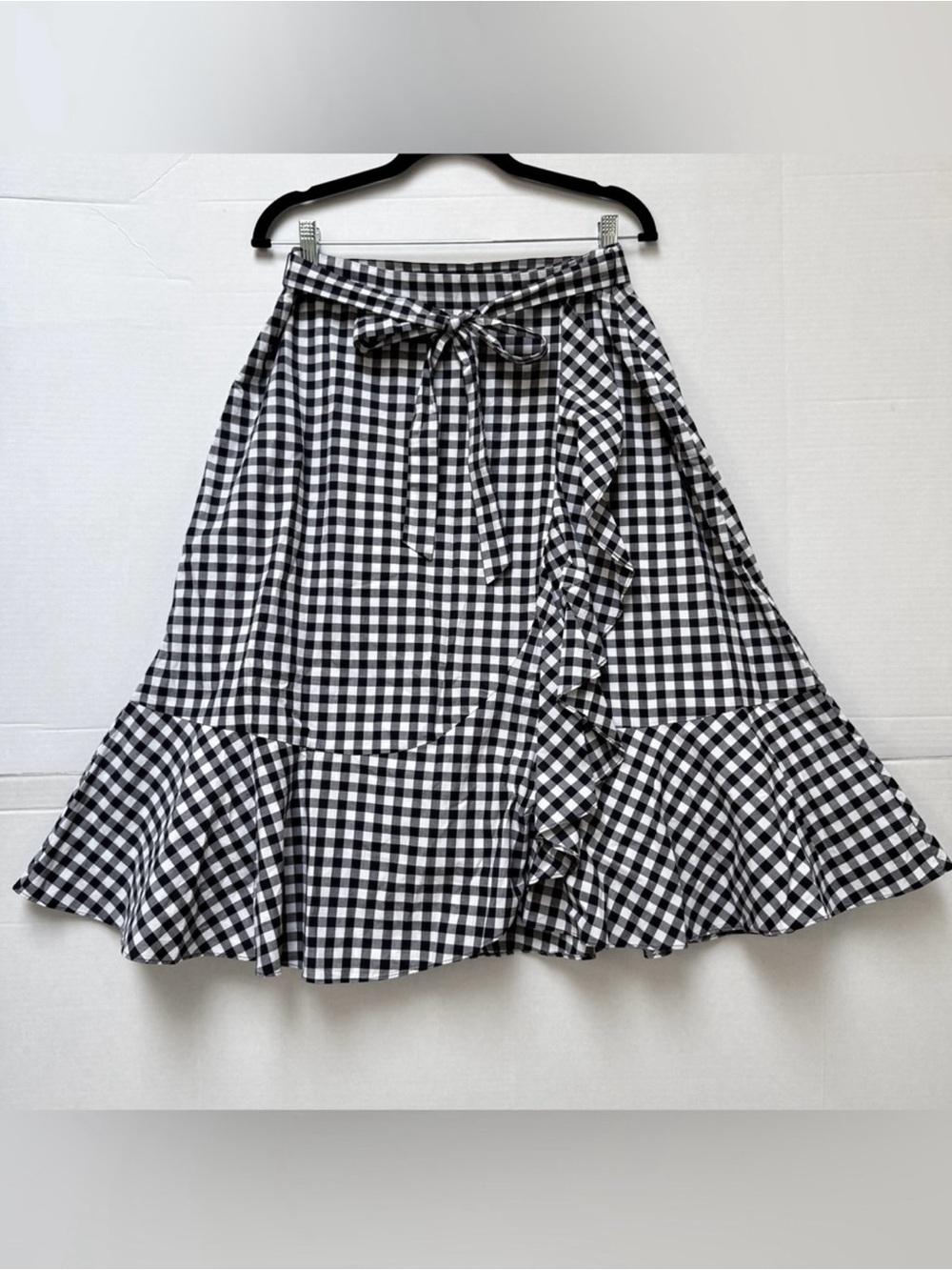 TALBOTS WRAP SKIRT BLACK WHITE COTTON GINGHAM RUFFLE TIE WAIST LINE FLARE SZ 12